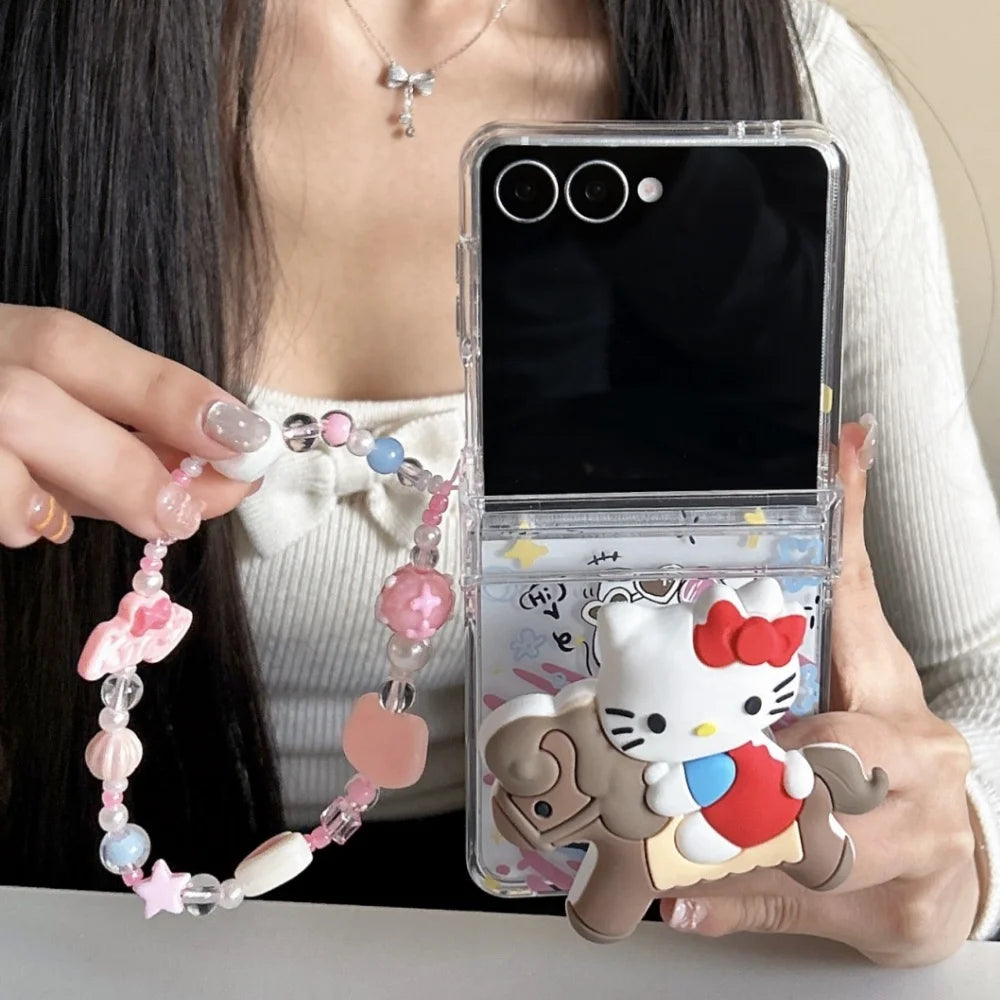 Cute Cartoon Sanrio Hello Kitty Stand Holder Phone Case For Samsung Galaxy Z Flip 7 FE  6 5 4 3 Case Hard TPU Cover With Lanyard