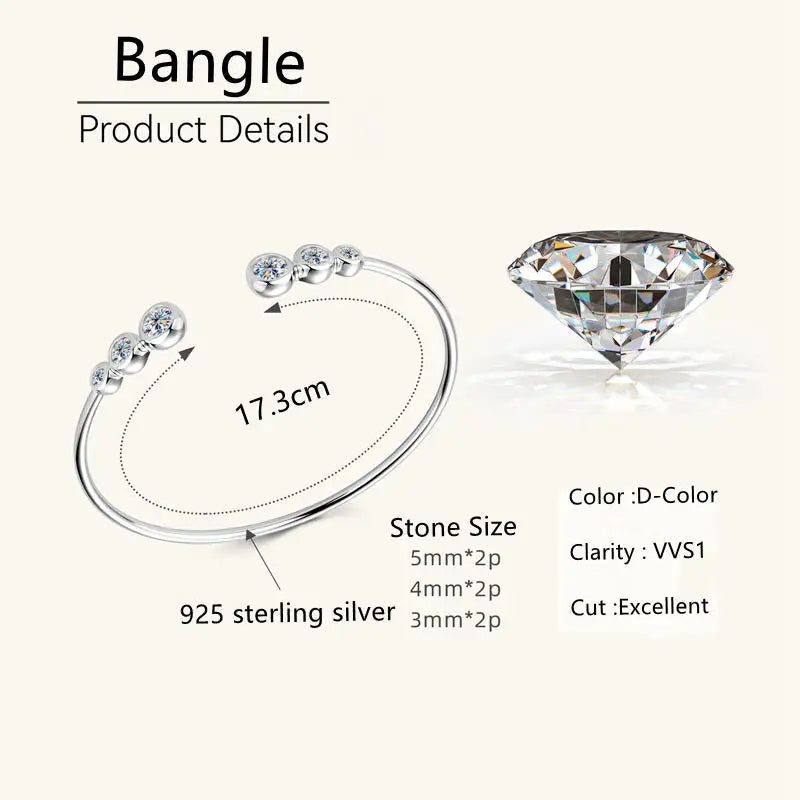 5mm&4mm&3mm Bezel Moissanite Bracelets Pure 925 Sterling Silver Adjustable Cuff Bracelet For Women Opening Wrist Jewelry