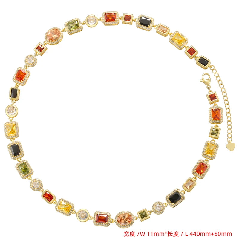 ZHUKOU 18K Golden Plated Spliced Colorful CZ Gemstone Bracelet Necklace With Hip Hop Style Unisex Couple Jewelry：VL561 VL562