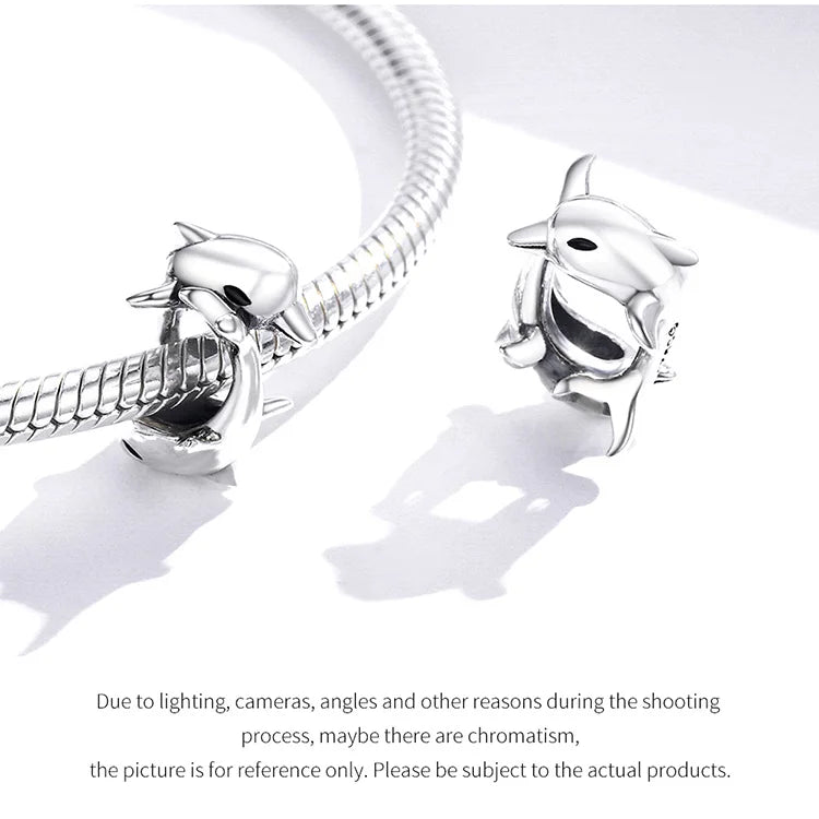 BISAER 925 Sterling Silver Charm Ocean Style Fish Dolphin Mermaid Shell Blue CZ Bead For Necklace&Bracelet DIY Fine Jewelry Gift