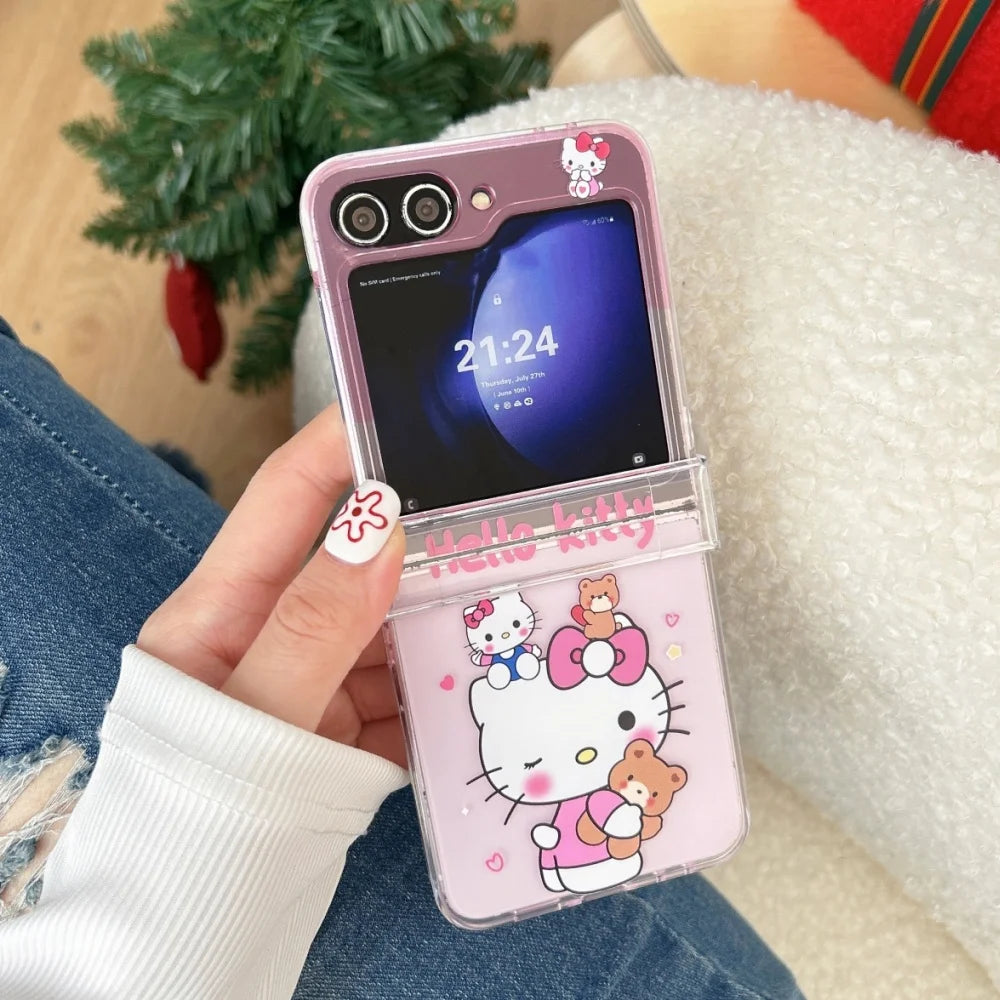 Cute Cartoon Sanrio Hello Kitty Stand Holder Phone Case For Samsung Galaxy Z Flip 7 FE  6 5 4 3 Case Hard TPU Cover With Lanyard
