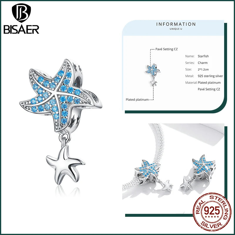 BISAER 925 Sterling Silver Charm Ocean Style Fish Dolphin Mermaid Shell Blue CZ Bead For Necklace&Bracelet DIY Fine Jewelry Gift