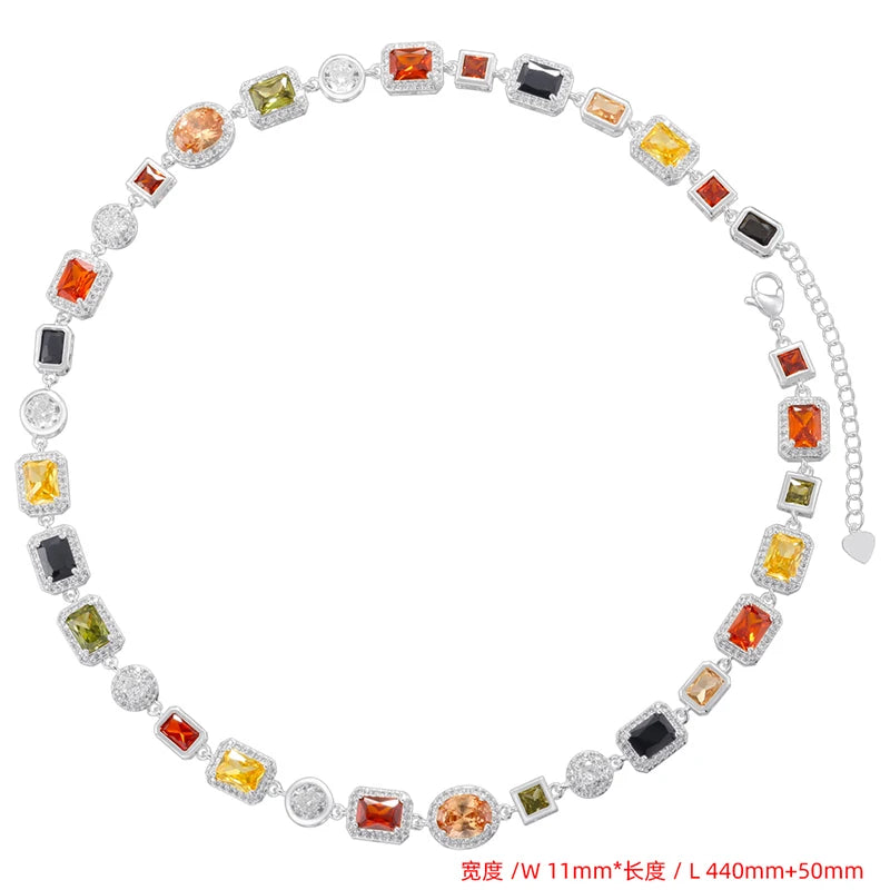 ZHUKOU 18K Golden Plated Spliced Colorful CZ Gemstone Bracelet Necklace With Hip Hop Style Unisex Couple Jewelry：VL561 VL562