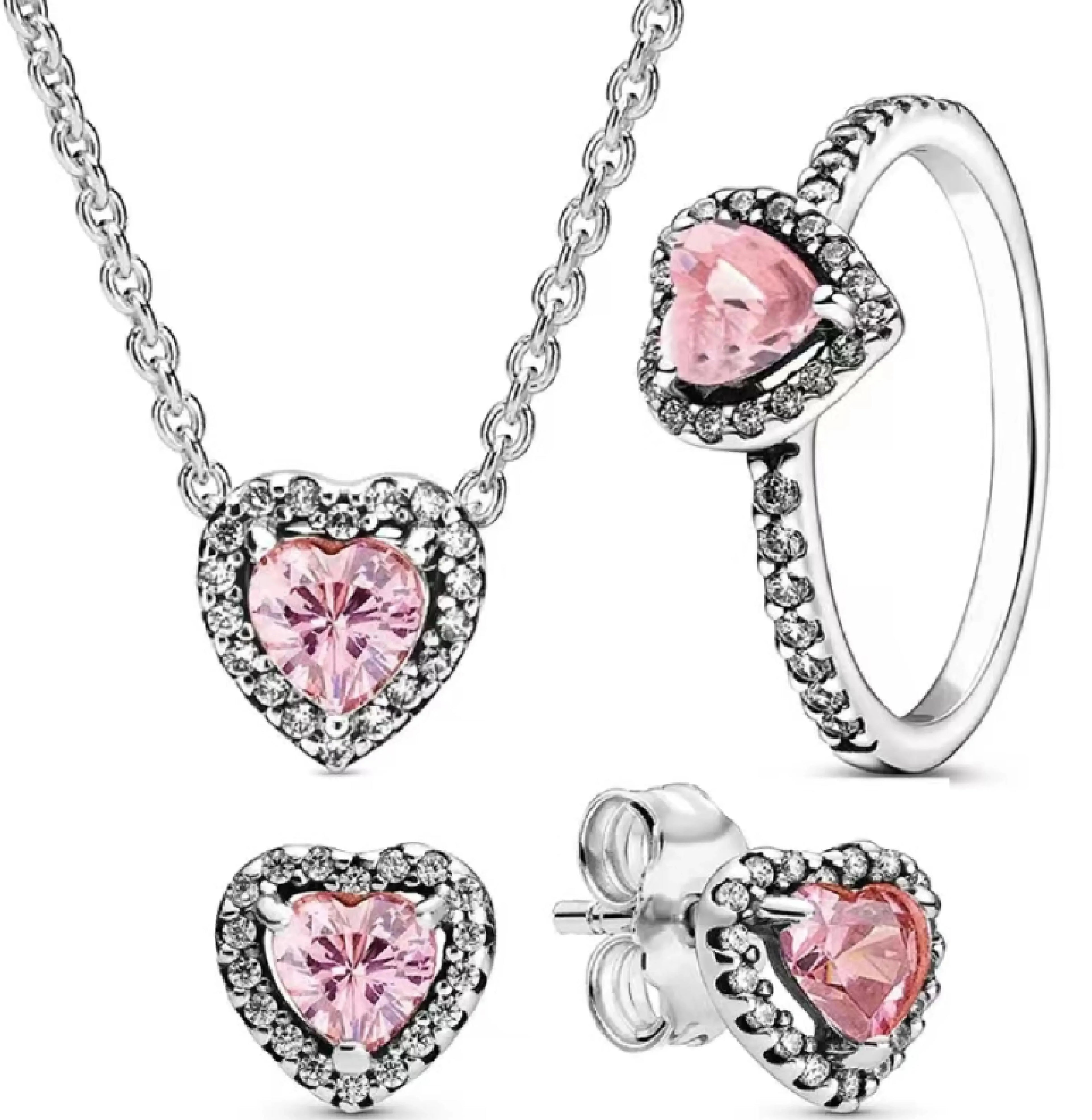 New 925 sterling silver heart-shaped pink ring necklace earring set luxurious sparkling charm jewelry fashion wedding gift