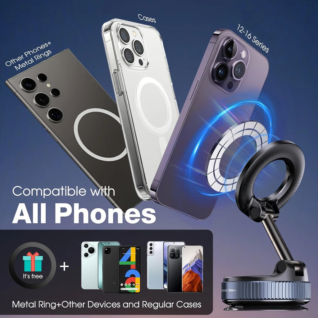Upgraded Aluminum Alloy Vacuum Magnetic Car Phone Holder with 360° Rotation & Foldable Design Strong Magnetic Absorption