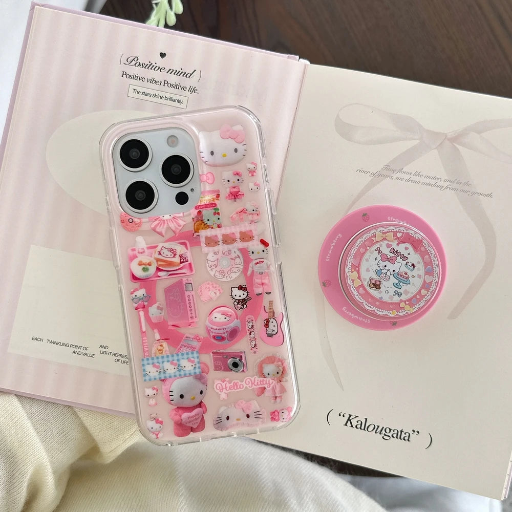 Sticker 3D Cute Sanrio Hello Kitty Magnetic Holder Magsafe Wireless Charge Phone Case For iPhone 17 16 15 14 13 Pro Max Cover