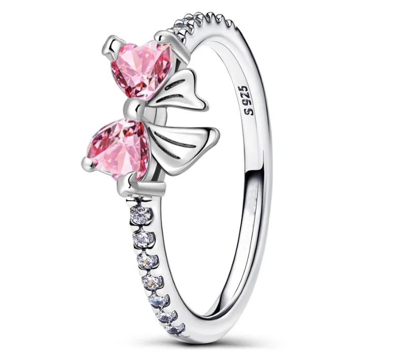 Original 925 Sterling Silver Red Pink Ring Heart Bow Sun Moon Colorful Crystal For Women Valentine's Birthday Gift DIY Jewelry