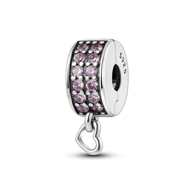 Silver Charm 925 Sterling Silver Clip Charms Safety Chain Charm CZ pave Round Clip Beads Fit Original Bracelet Jewelry Making
