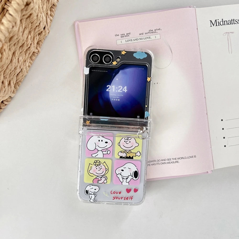 Cute Cartoon Snoopy Charlie Brown Stand Holder Phone Case For Samsung Galaxy Z Flip 7 6 5 4 3 Case Hard TPU Cover With Lanyard