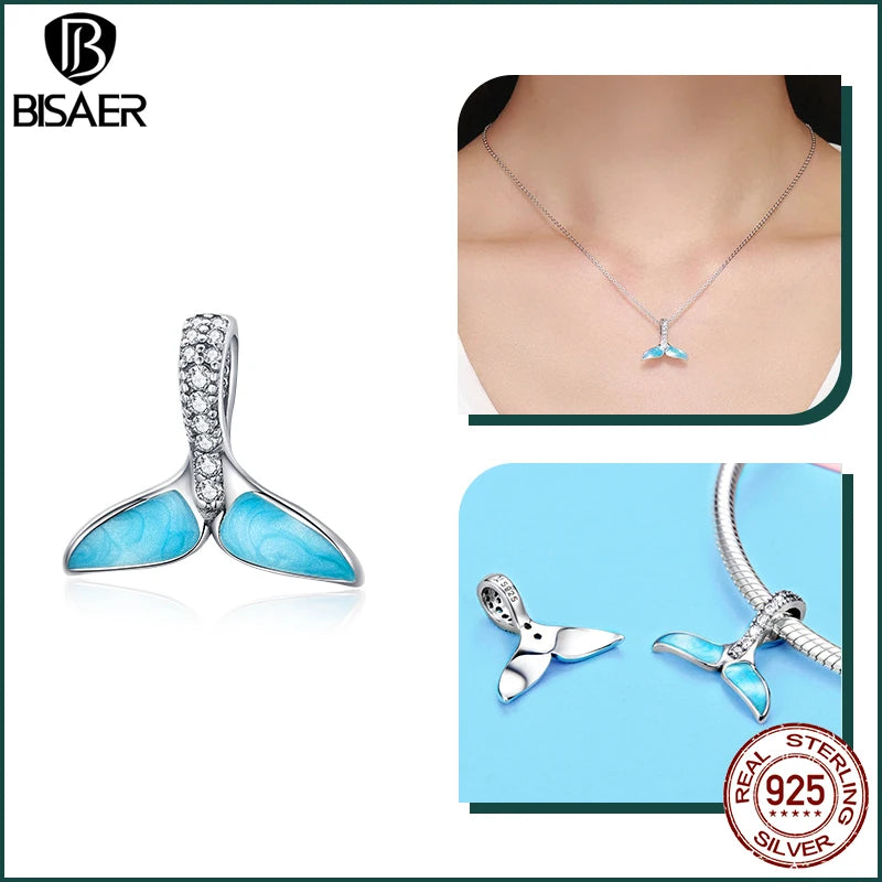 BISAER 925 Sterling Silver Charm Ocean Style Fish Dolphin Mermaid Shell Blue CZ Bead For Necklace&Bracelet DIY Fine Jewelry Gift