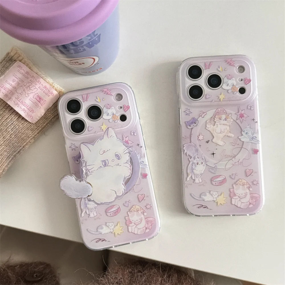 Korean INS Cute Kitten Magnetic Stand phone case for iPhone 13 14 15 17 Pro 16 Pro Max cartoon protective cover For Magsafe Case
