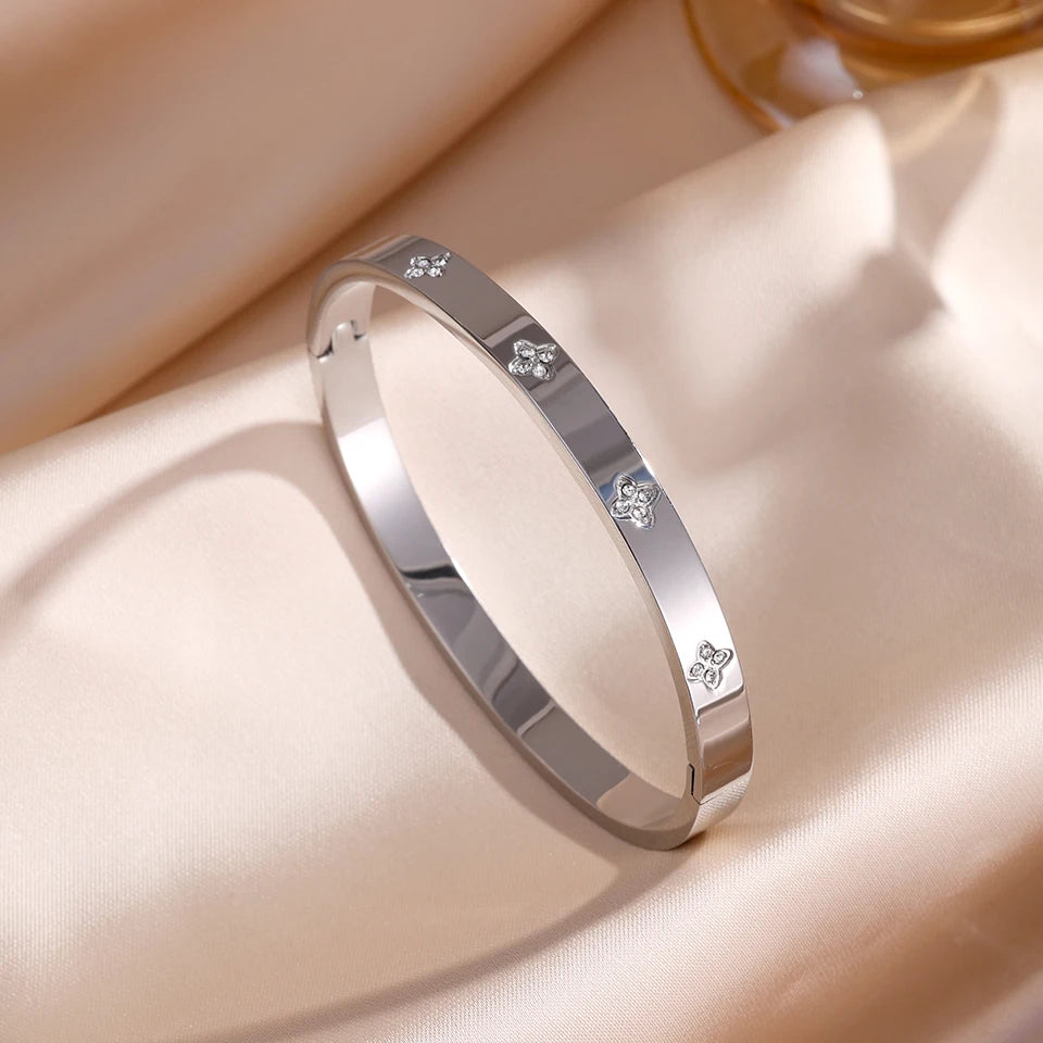 ZAKOL 5/1pcs Sparkling Zirconia Inlaid Stainless Steel Bracelet Set for Women Stackable Bangles Fashion Non Fading Jewelry Gift