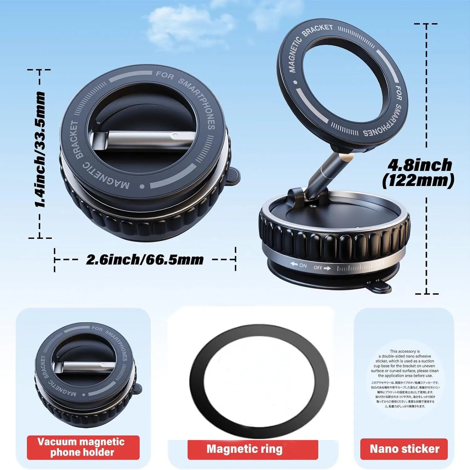 Upgraded Aluminum Alloy Vacuum Magnetic Car Phone Holder with 360° Rotation & Foldable Design Strong Magnetic Absorption
