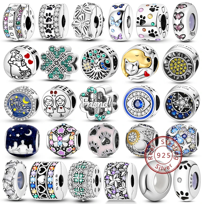 Silver Charm 925 Sterling Silver Clip Charms Safety Chain Charm CZ pave Round Clip Beads Fit Original Bracelet Jewelry Making