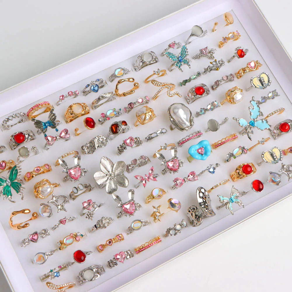 10/20/30/50Pcs/Lot Punk Finger Ring Set For Men Women Mix Style Flower Tai Ji Heart Love Snake Jewelry Party Gifts