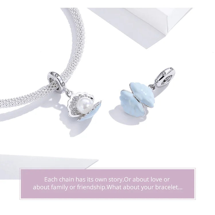 BISAER 925 Sterling Silver Charm Ocean Style Fish Dolphin Mermaid Shell Blue CZ Bead For Necklace&Bracelet DIY Fine Jewelry Gift