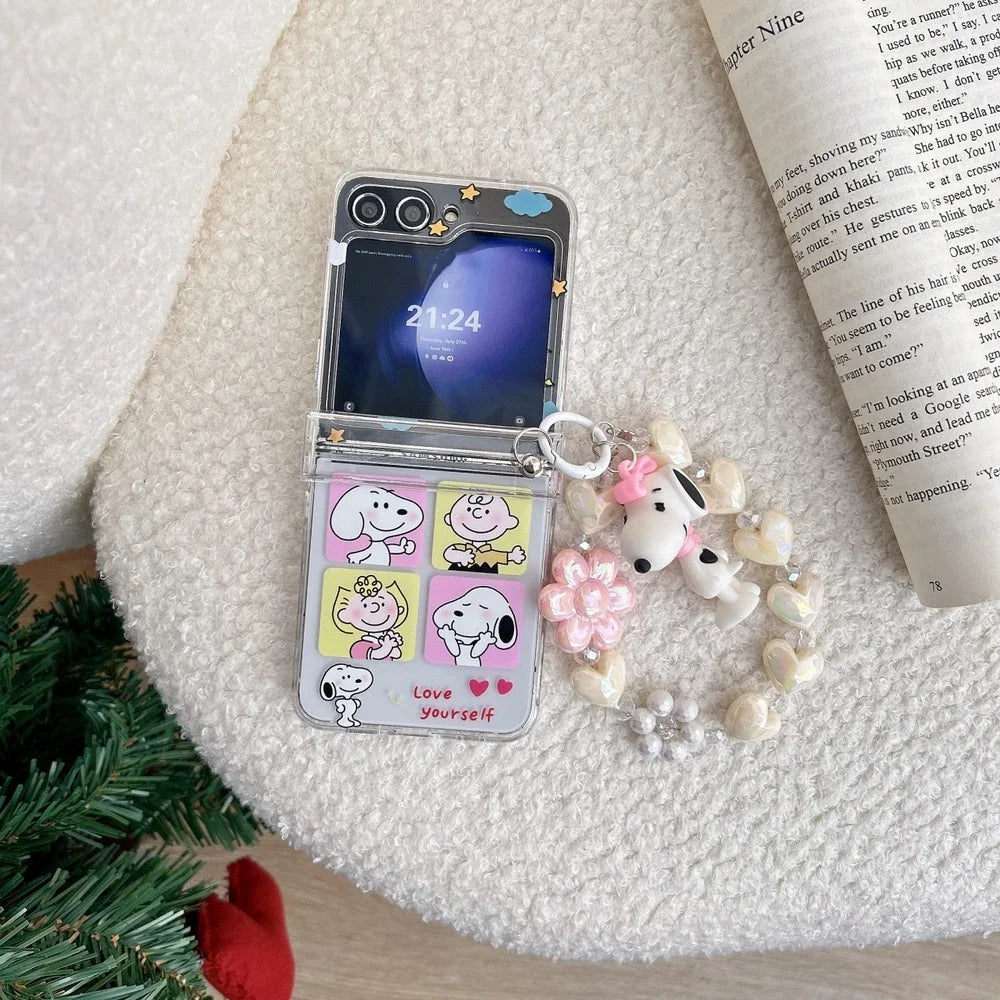 Cute Cartoon Snoopy Charlie Brown Stand Holder Phone Case For Samsung Galaxy Z Flip 7 6 5 4 3 Case Hard TPU Cover With Lanyard