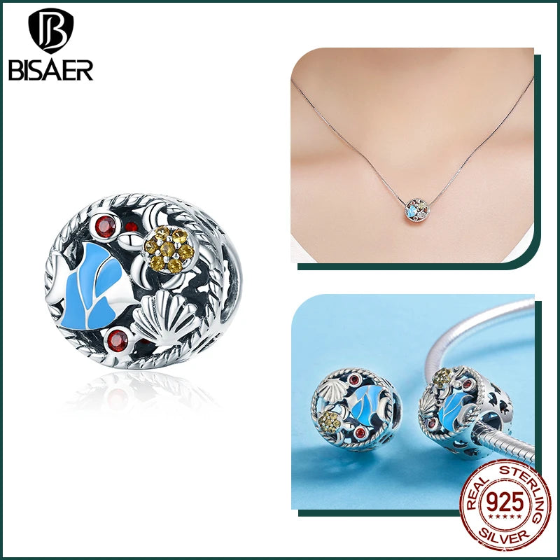 BISAER 925 Sterling Silver Charm Ocean Style Fish Dolphin Mermaid Shell Blue CZ Bead For Necklace&Bracelet DIY Fine Jewelry Gift