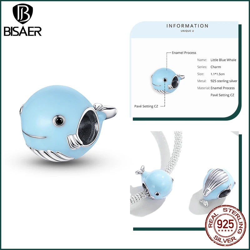 BISAER 925 Sterling Silver Charm Ocean Style Fish Dolphin Mermaid Shell Blue CZ Bead For Necklace&Bracelet DIY Fine Jewelry Gift