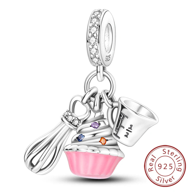 Fit Original 925 Sterling Silver Charms Beads Wine Glass Coffee Cup Charms Pendant For Women Bracelet Charms DIY Jewelry Gift
