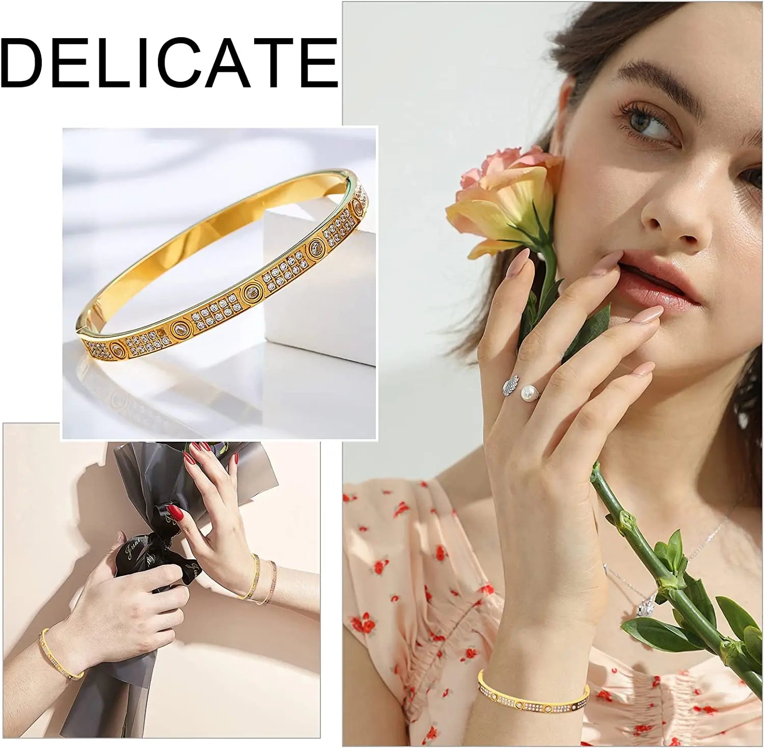 2023 New Design Gold Color Zircon And Cross Nut Nail Bracelet Gold & Bangle For Woman Stainless Steel Screw Brand Jewelry
