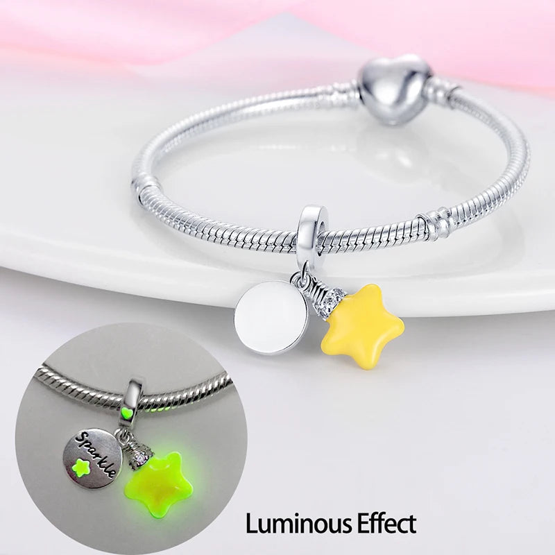 Hot Sale silver-plated Glow in the dark Firefly Honeybee Star Charms Beads Fit Qikaola Original Bracelets Fine DIY Jewelry Gift