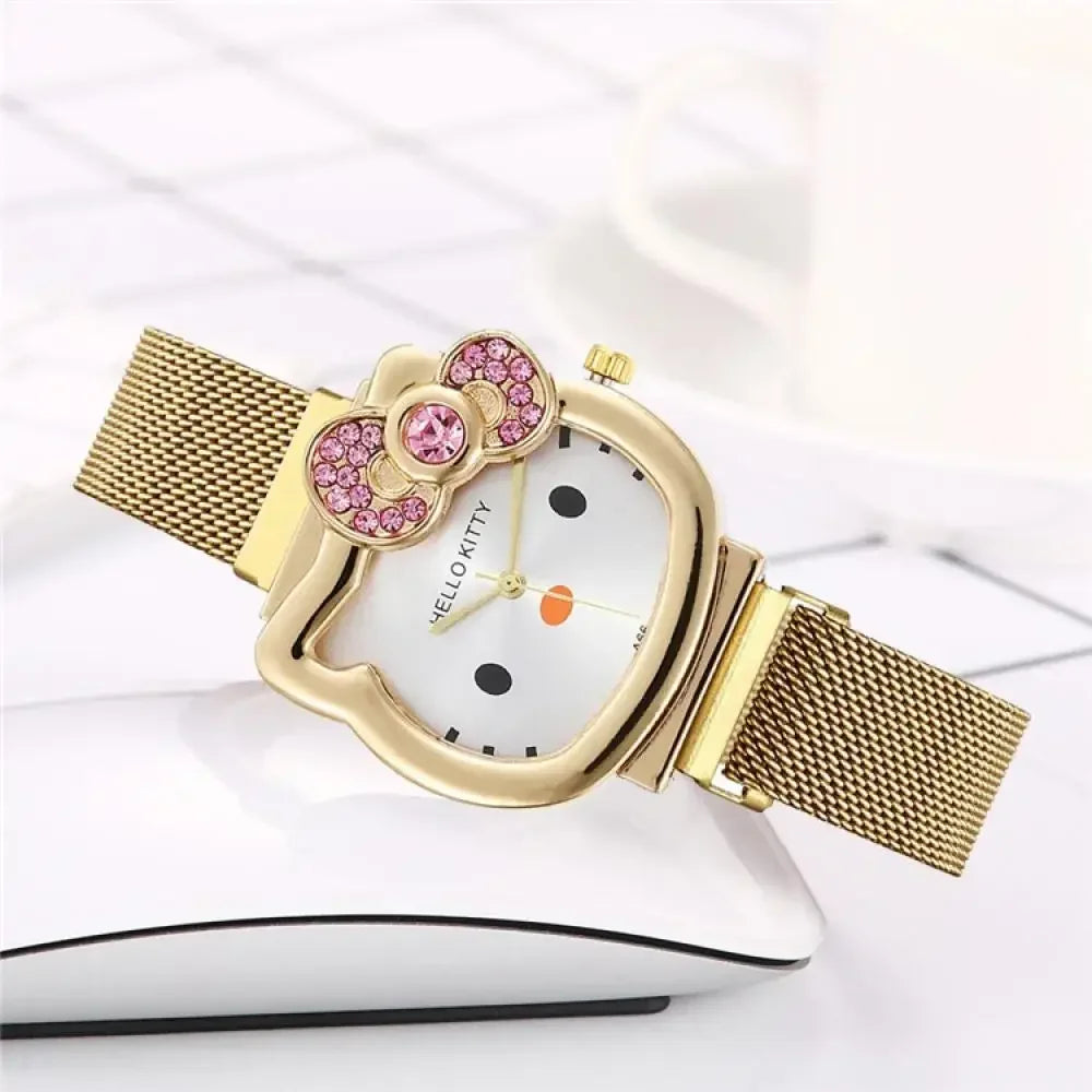 Hello Kitty Bow Diamond Watch Sanrio Anime Fashionable Quartz Watches Cute Cartoon Magnet Watches Girls Birthday Gifts
