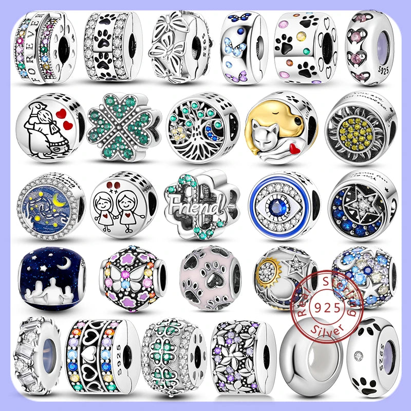 Silver Charm 925 Sterling Silver Clip Charms Safety Chain Charm CZ pave Round Clip Beads Fit Original Bracelet Jewelry Making