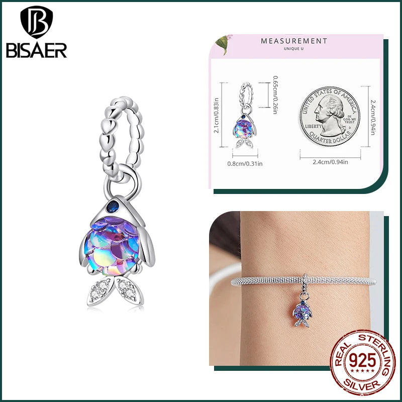 BISAER 925 Sterling Silver Charm Ocean Style Fish Dolphin Mermaid Shell Blue CZ Bead For Necklace&Bracelet DIY Fine Jewelry Gift