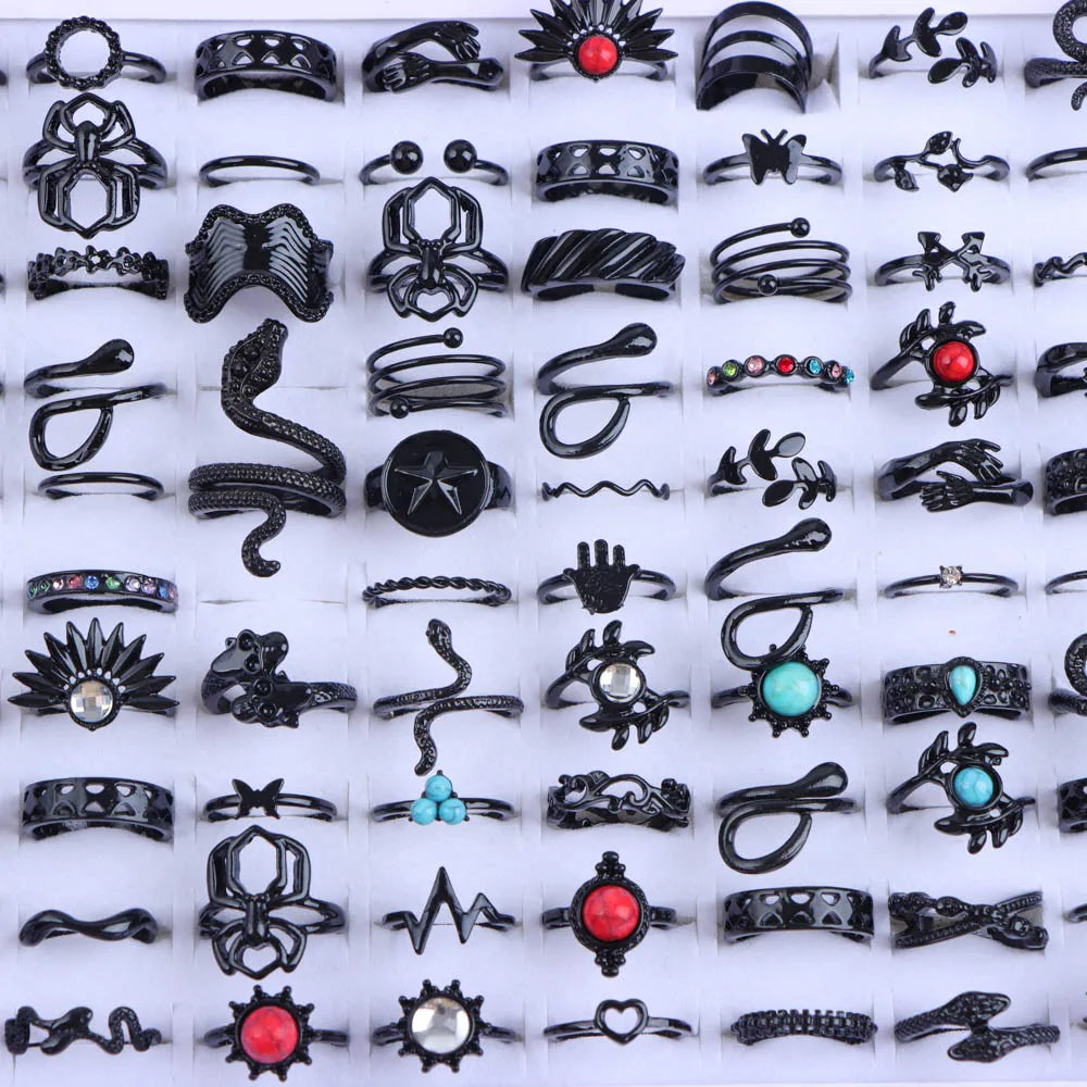 10/20/30/50Pcs/Lot Punk Finger Ring Set For Men Women Mix Style Flower Tai Ji Heart Love Snake Jewelry Party Gifts