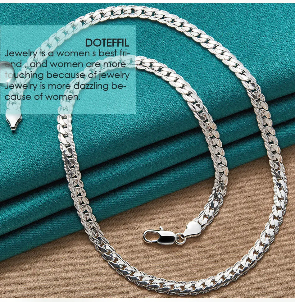 DOTEFFIL 925 Sterling Silver 6mm Side Chain 16/18/20/22/24 Inch Necklace For Woman Men Fashion Wedding Engagement Jewelry Gift