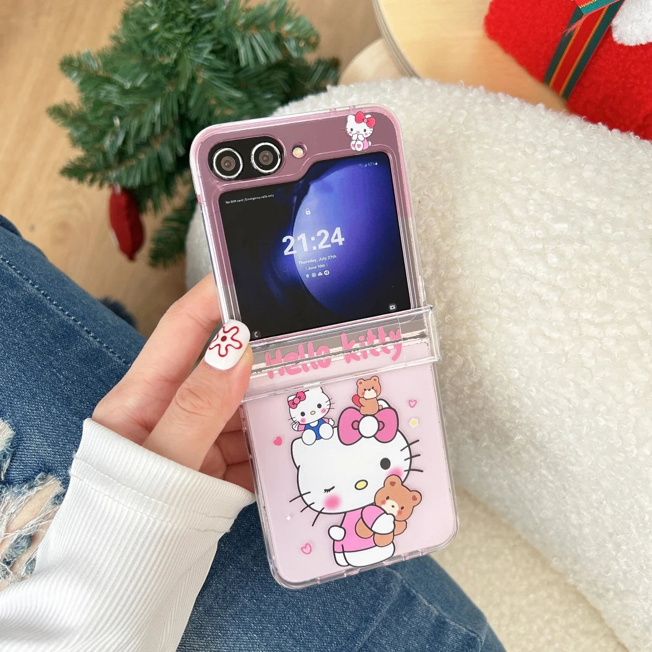 Cute Cartoon Sanrio Hello Kitty Stand Holder Phone Case For Samsung Galaxy Z Flip 7 FE  6 5 4 3 Case Hard TPU Cover With Lanyard