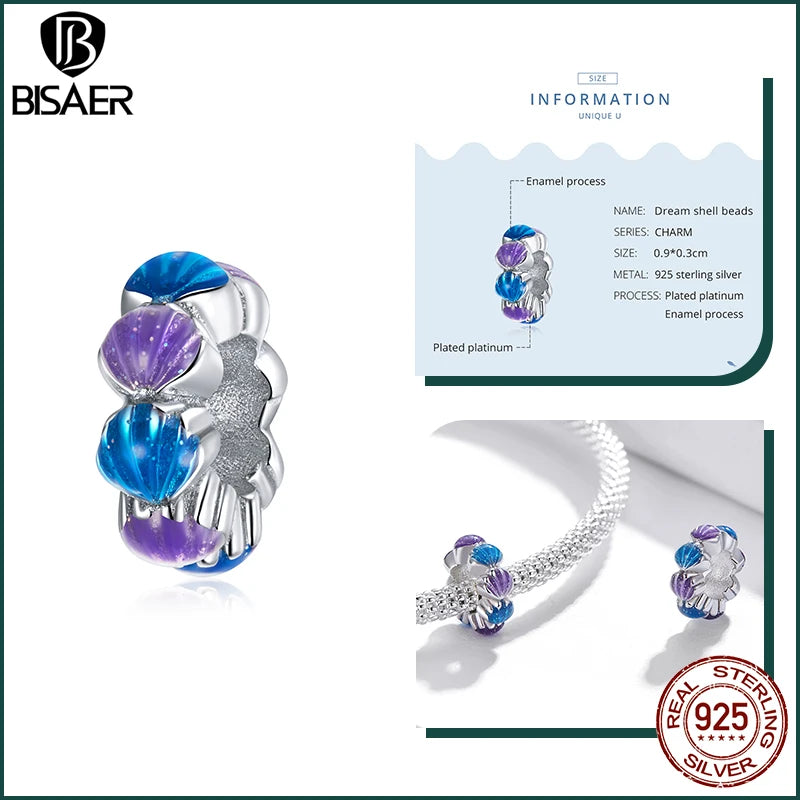 BISAER 925 Sterling Silver Charm Ocean Style Fish Dolphin Mermaid Shell Blue CZ Bead For Necklace&Bracelet DIY Fine Jewelry Gift