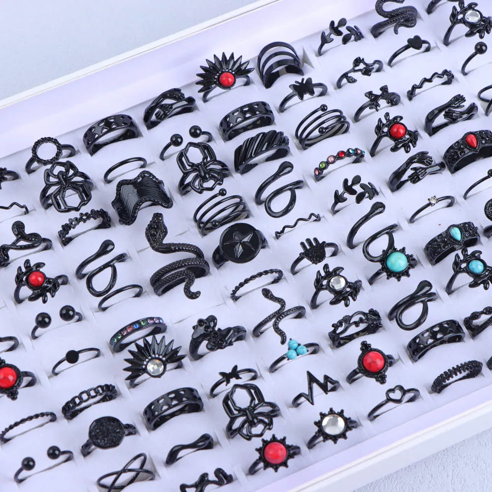 10/20/30/50Pcs/Lot Punk Finger Ring Set For Men Women Mix Style Flower Tai Ji Heart Love Snake Jewelry Party Gifts