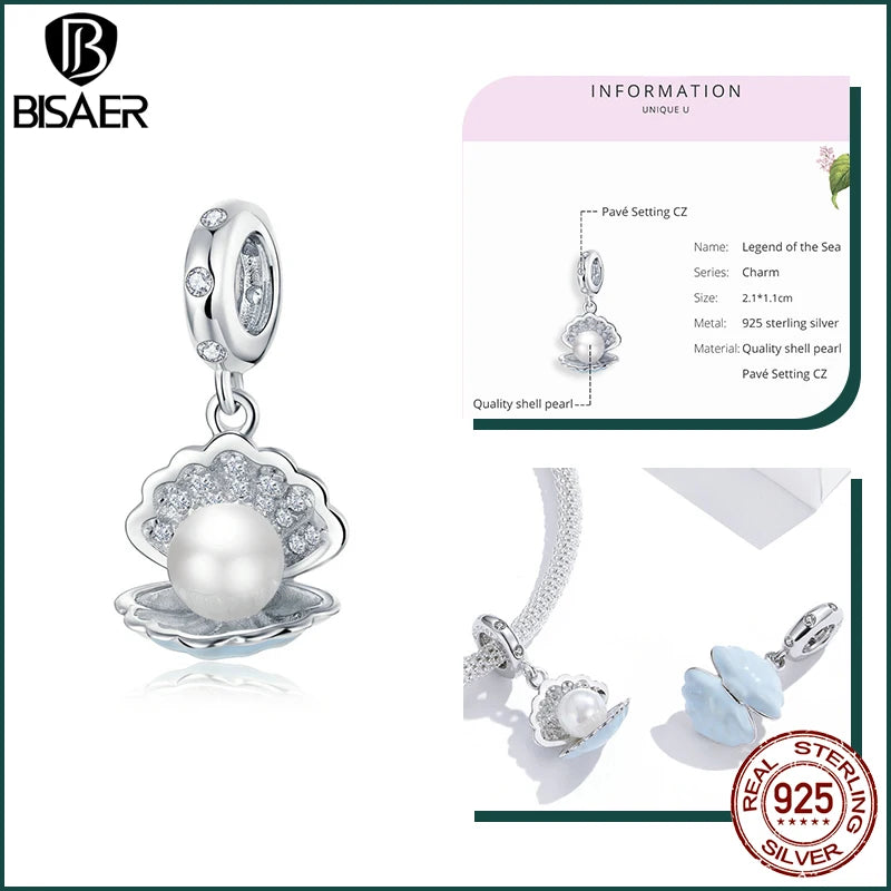 BISAER 925 Sterling Silver Charm Ocean Style Fish Dolphin Mermaid Shell Blue CZ Bead For Necklace&Bracelet DIY Fine Jewelry Gift