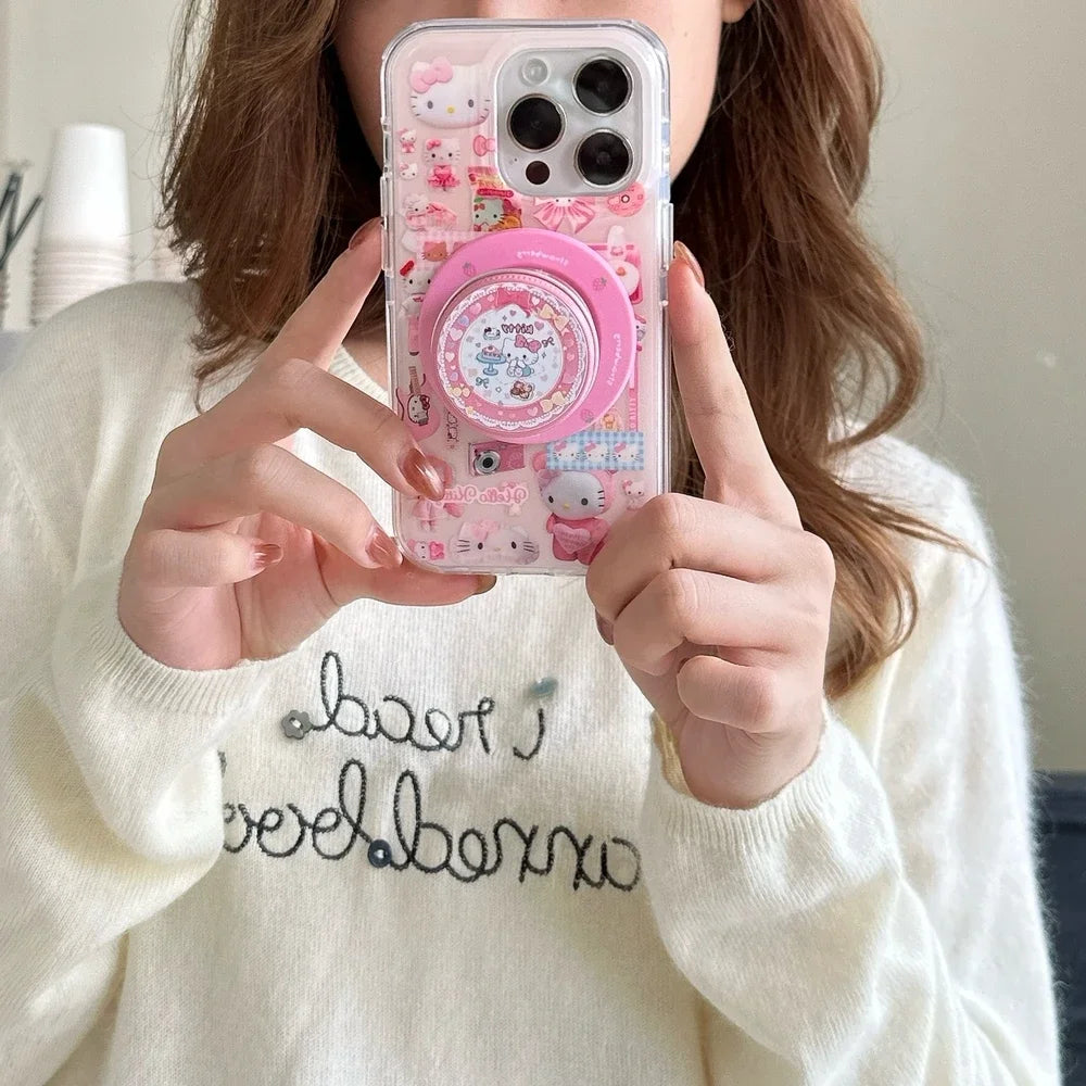 Sticker 3D Cute Sanrio Hello Kitty Magnetic Holder Magsafe Wireless Charge Phone Case For iPhone 17 16 15 14 13 Pro Max Cover