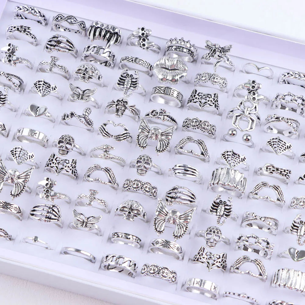 10/20/30/50Pcs/Lot Punk Finger Ring Set For Men Women Mix Style Flower Tai Ji Heart Love Snake Jewelry Party Gifts