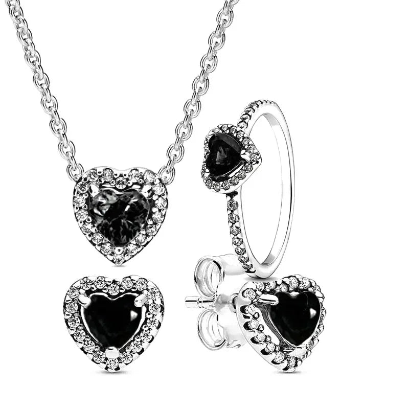 New 925 sterling silver heart-shaped pink ring necklace earring set luxurious sparkling charm jewelry fashion wedding gift