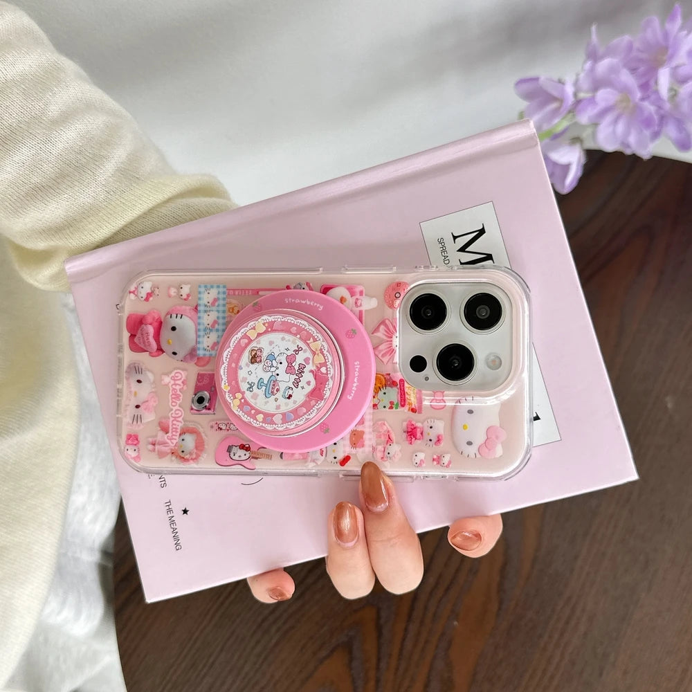 Sticker 3D Cute Sanrio Hello Kitty Magnetic Holder Magsafe Wireless Charge Phone Case For iPhone 17 16 15 14 13 Pro Max Cover