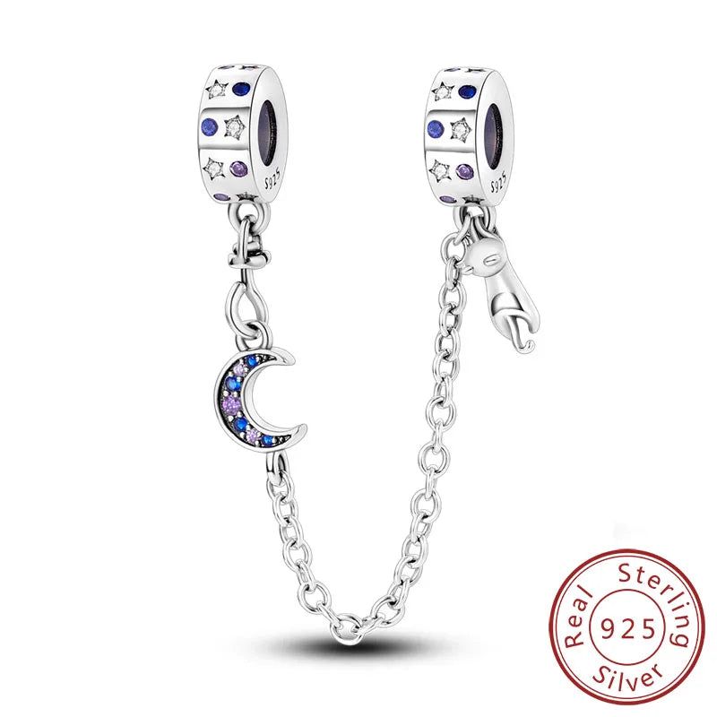Safety Chain Charms Fit Original 925 Sterling Silver Charms Beads Moon Star Butterfly Heart Safety Chain for Women Jewelry Gift