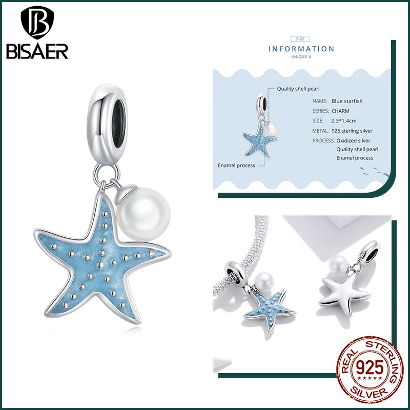 BISAER 925 Sterling Silver Charm Ocean Style Fish Dolphin Mermaid Shell Blue CZ Bead For Necklace&Bracelet DIY Fine Jewelry Gift