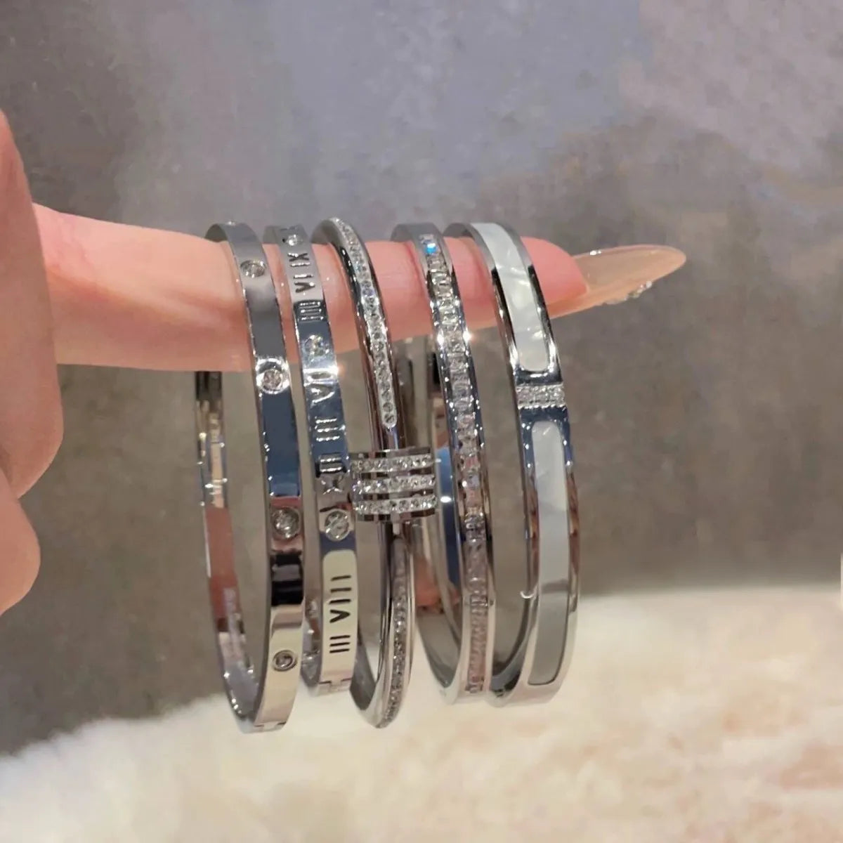 Yupsk 5Pcs/set Silver Color Stainless Steel Bracelet Shiny Zircon Inlaid Stackable Bangles Female Jewelry Gift