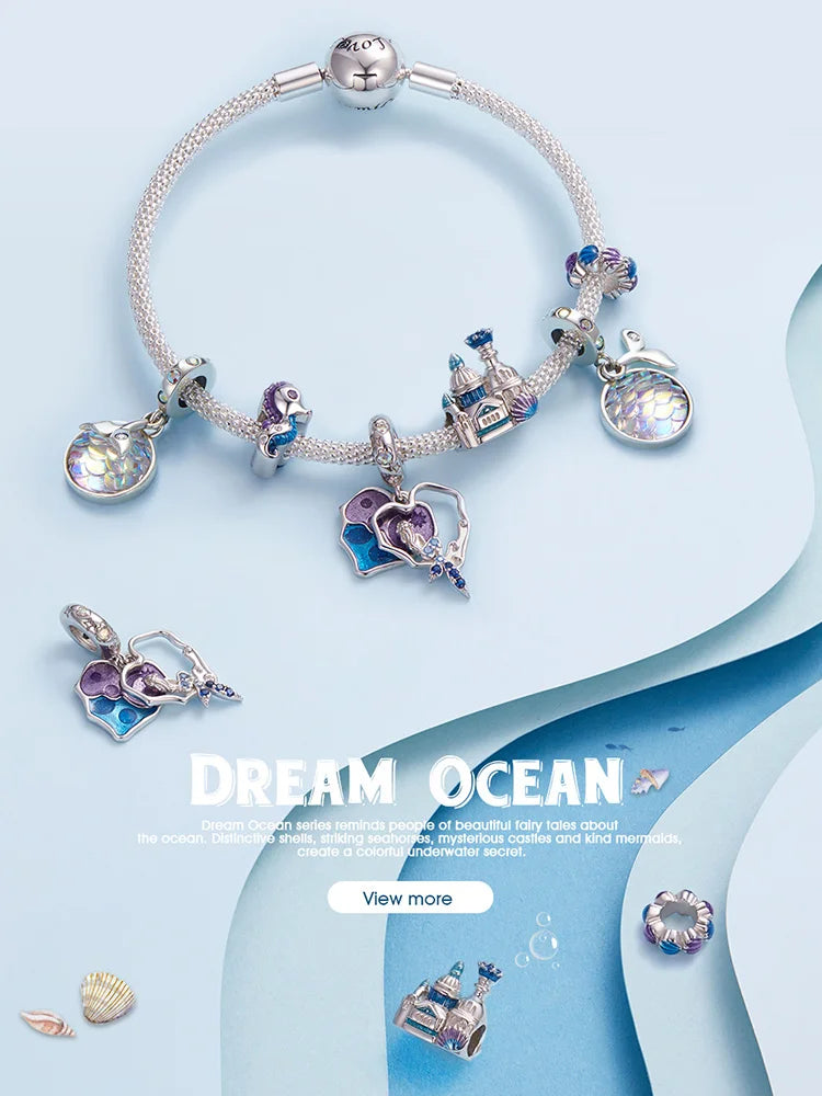 BISAER 925 Sterling Silver Charm Ocean Style Fish Dolphin Mermaid Shell Blue CZ Bead For Necklace&Bracelet DIY Fine Jewelry Gift