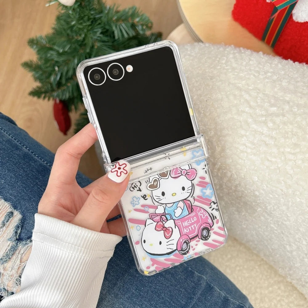 Cute Cartoon Sanrio Hello Kitty Stand Holder Phone Case For Samsung Galaxy Z Flip 7 FE  6 5 4 3 Case Hard TPU Cover With Lanyard