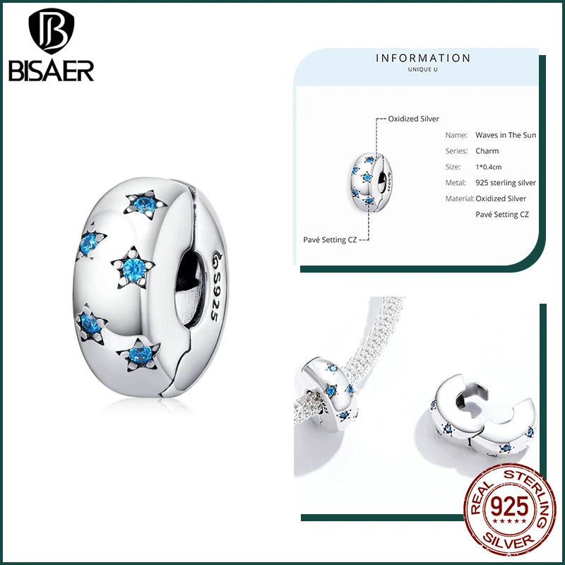 BISAER 925 Sterling Silver Charm Ocean Style Fish Dolphin Mermaid Shell Blue CZ Bead For Necklace&Bracelet DIY Fine Jewelry Gift