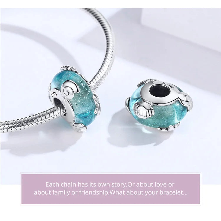 BISAER 925 Sterling Silver Charm Ocean Style Fish Dolphin Mermaid Shell Blue CZ Bead For Necklace&Bracelet DIY Fine Jewelry Gift