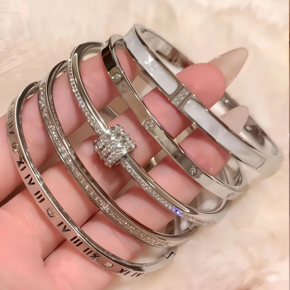 Yupsk 5Pcs/set Silver Color Stainless Steel Bracelet Shiny Zircon Inlaid Stackable Bangles Female Jewelry Gift