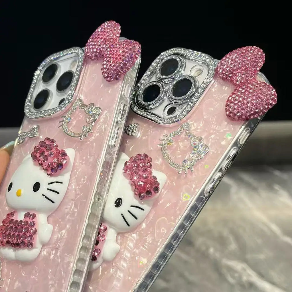 3D Stereoscopic Phone Case For iPhone 17 16 15 14 13 12 11 Pro Max Cute Cartoon Sanrio Hello Kitty Bling Glitter Hard Cover