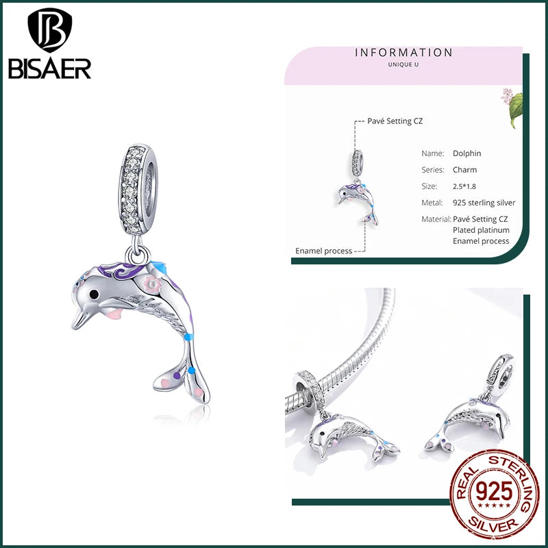 BISAER 925 Sterling Silver Charm Ocean Style Fish Dolphin Mermaid Shell Blue CZ Bead For Necklace&Bracelet DIY Fine Jewelry Gift