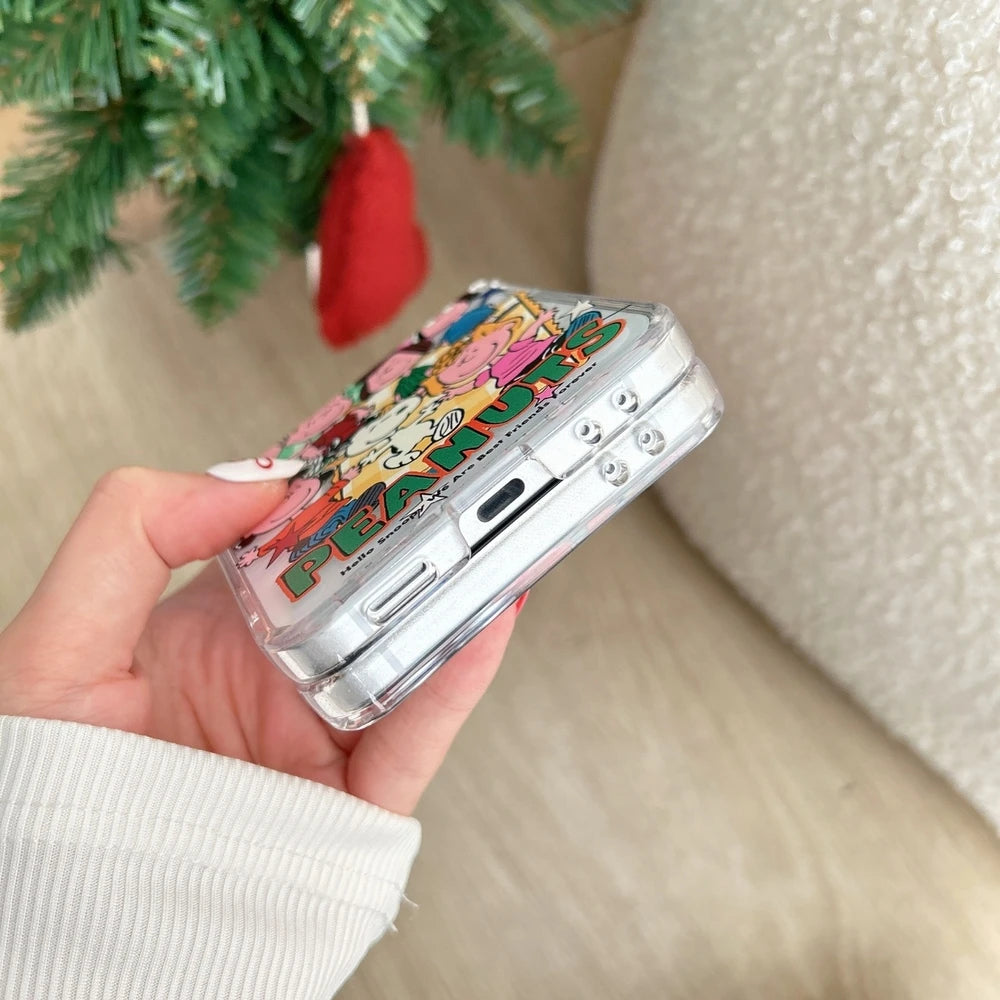 Cute Cartoon Snoopy Charlie Brown Stand Holder Phone Case For Samsung Galaxy Z Flip 7 6 5 4 3 Case Hard TPU Cover With Lanyard